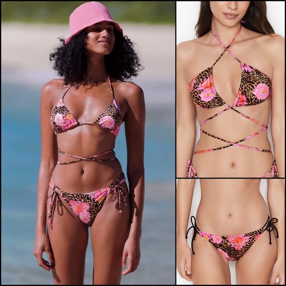 Victoria's Secret Other - VS Floral Leopard Wrap Strap Tie Triangle Bikini Matching Set Top Bottoms